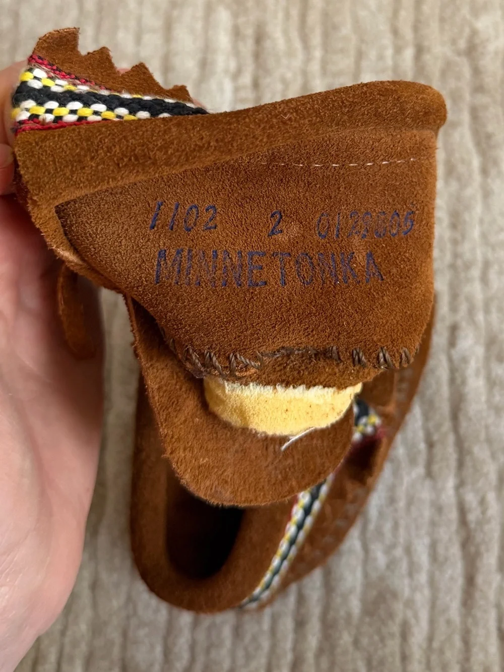 Minnetonka Kids Tan Suede Moccasins with Multicolor Trim Sz 2